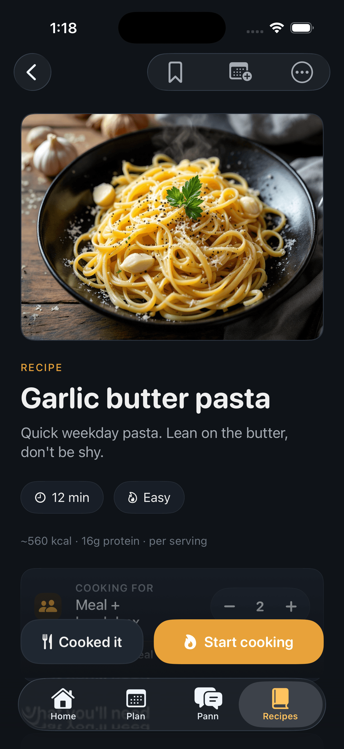Pann recipe screen with a plated dish photo, cook time, and Start cooking button