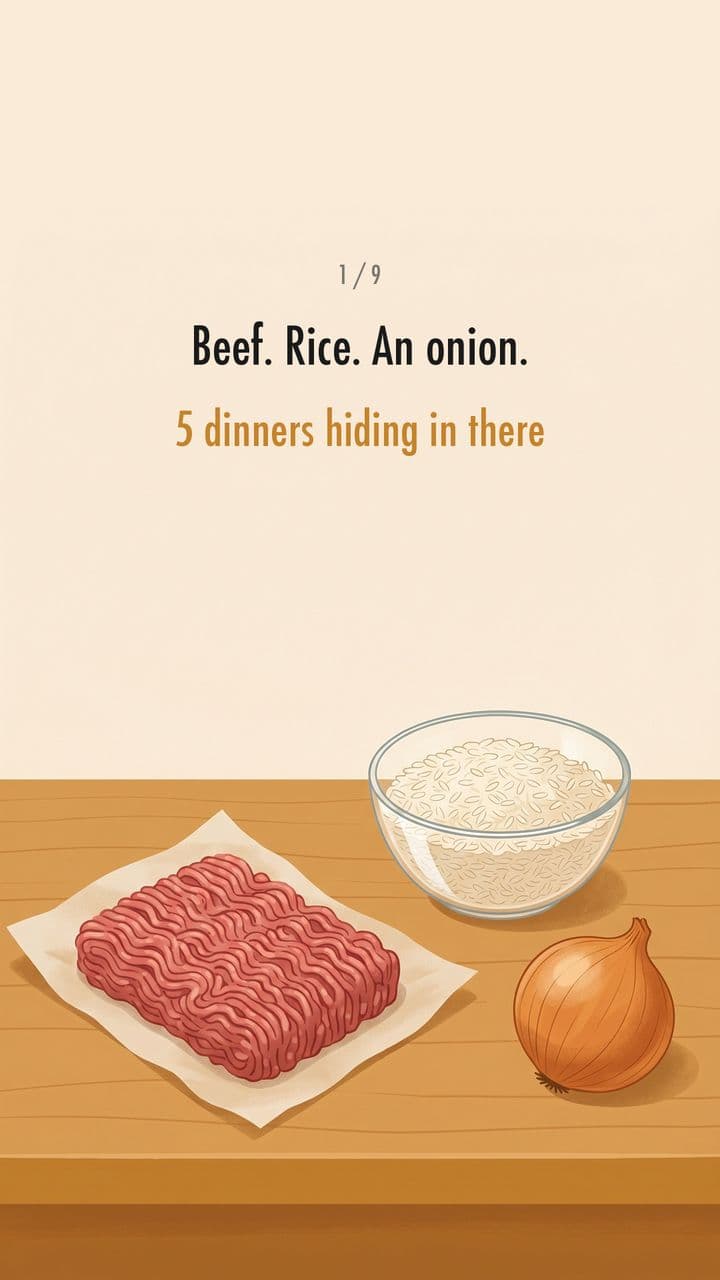 Beef, rice and an onion