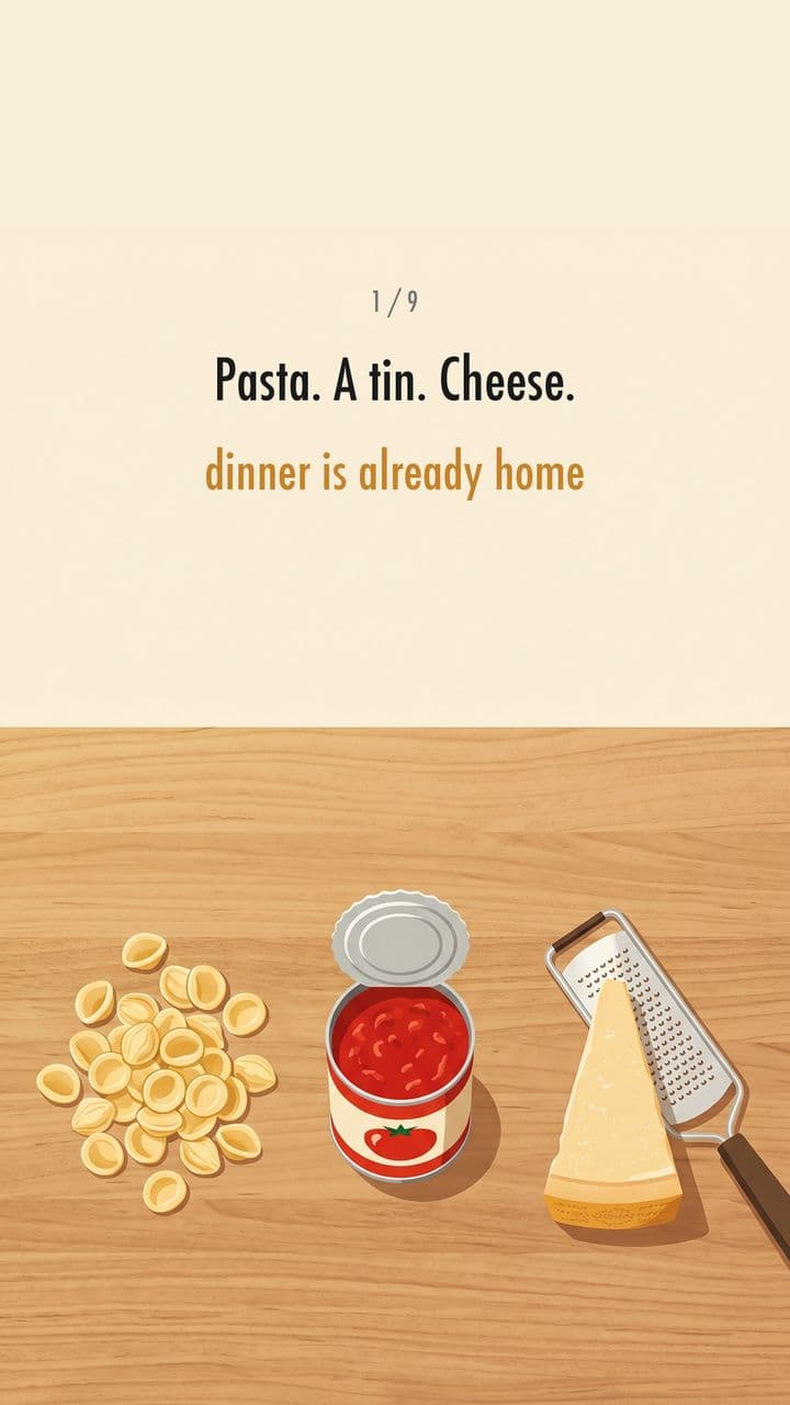 Pasta, canned tomatoes and cheese